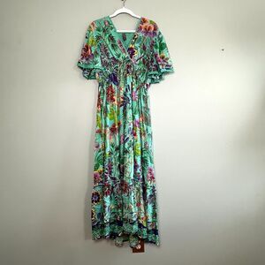 ME 2 Magic Boho Maxi Dress XL Green Floral Tiered Short Sleeve Boho Resortwear
